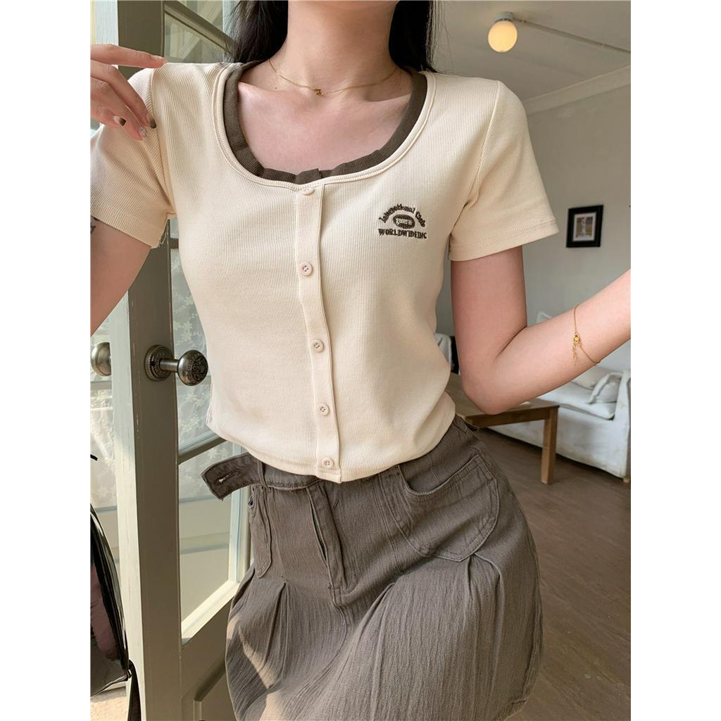 Áo Thun Cổ Vuông Ngắn Tay Thêu Họa Tiết Màu Sắc Tương Phản Thời Trang Mùa Hè 630