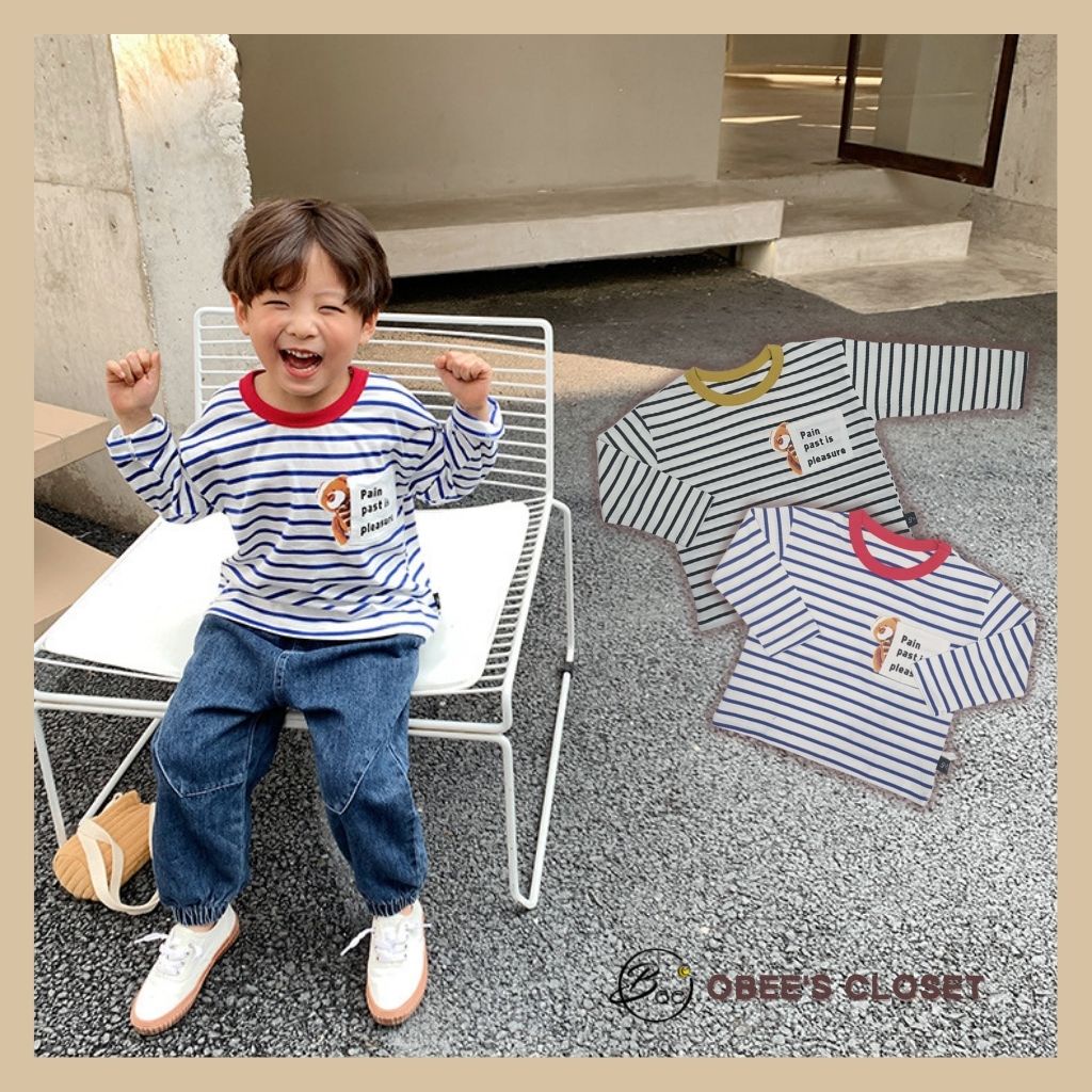 Áo thun dài tay bé trai Obee's Closet Áo thun sọc cotton cổ tròn