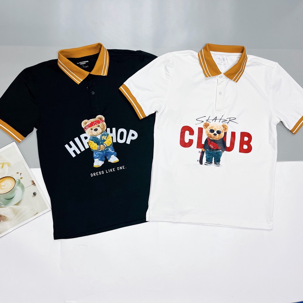 Áo polo nam cổ bẻ in gấu bự phối bo viền chất vải cá sấu Cotton xuất xịn,chuẩn form, sang trọng - thanh lịch TB033