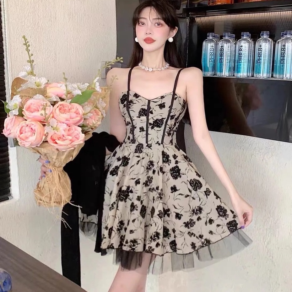 Bộ Áo Khoác Cardigan Chống Nắng + Đầm Hai Dây Phối Lưới Họa Tiết Hoa Phong Cách Pháp Thời Trang Mùa Hè Mới Cho Nữ