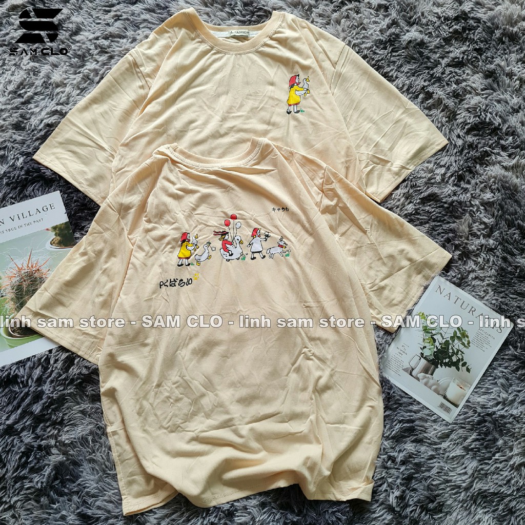 Áo thun tay lỡ nữ freesize phông form rộng Unisex, mặc cặp, nhóm, lớp in hình CÔ GÁI ÔM CON VỊT màu nude sữa