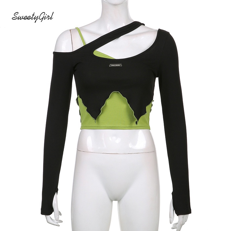 Áo Thun Dài Tay Cổ Yếm Lệch Tà Màu Sắc Tương Phản 2022 Thời Trang Cho Nữ