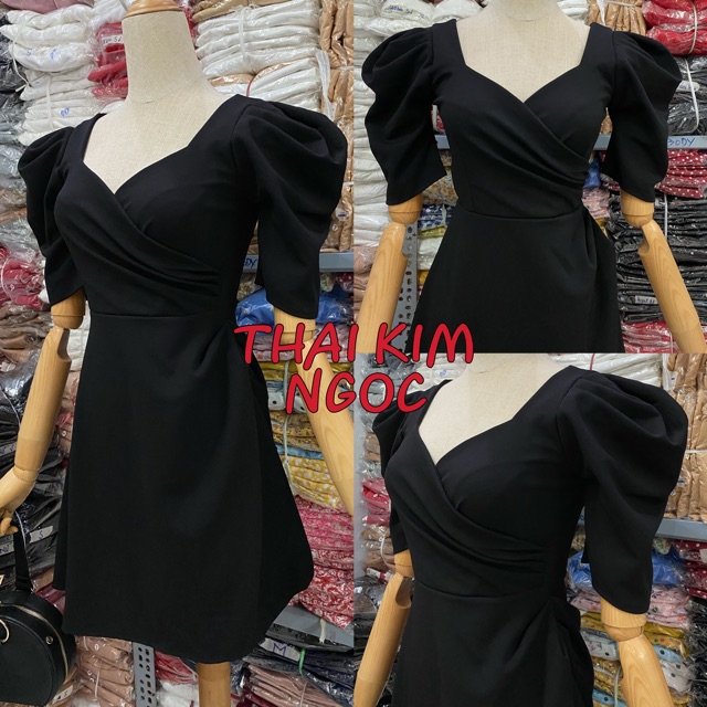 Đầm xoè cổ đắp chéo tay phồng 2 màu | BigBuy360 - bigbuy360.vn