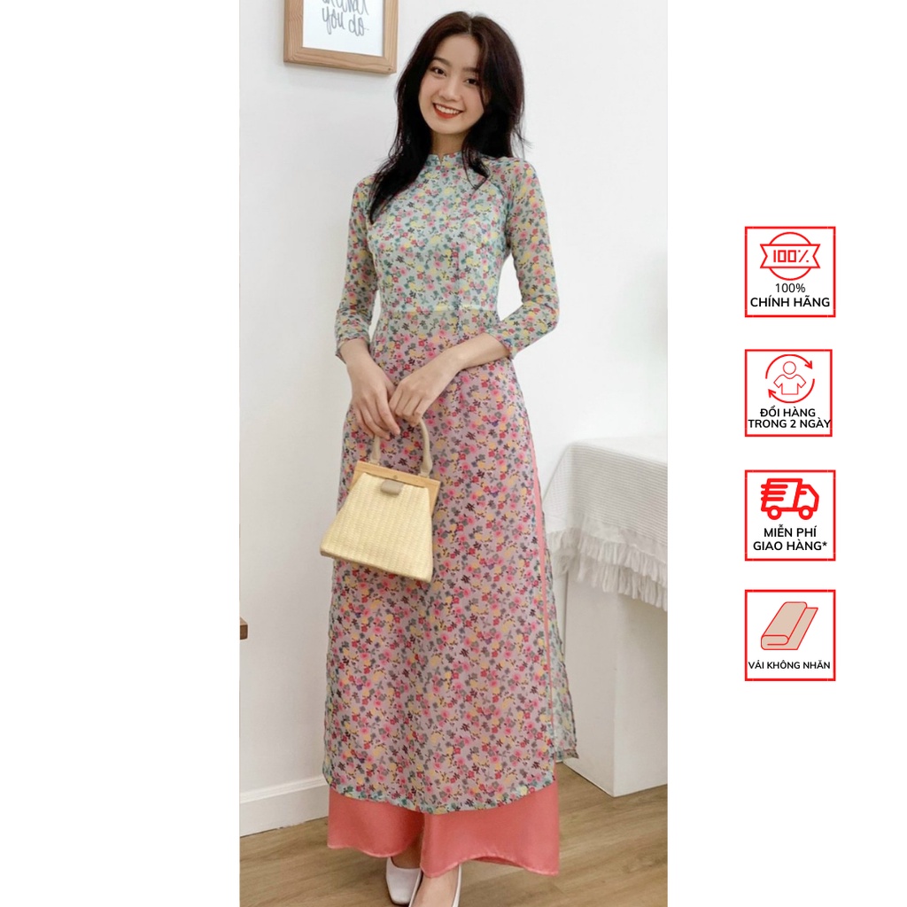 Áo Dài FOR HER Xanh Hoa Hồng Vàng AD01587