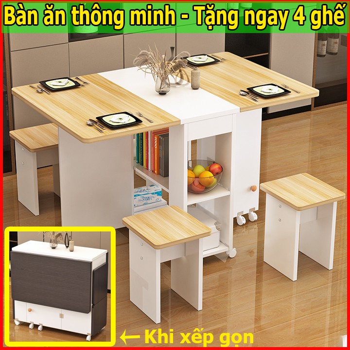 Bàn ăn thông minh tặng kèm 4 ghế, mẫu bàn ăn xếp gọn bằng gỗ hình chữ nhật kích thước 120x60cm, bàn gấp gọn