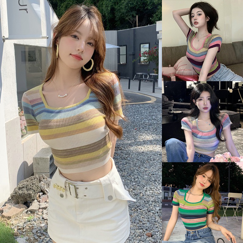 Áo Thun Tay Ngắn Cổ Vuông Kẻ Sọc Nhiều Màu Sắc Ôm Dáng Thoáng Khí Thời Trang Hàn Quốc