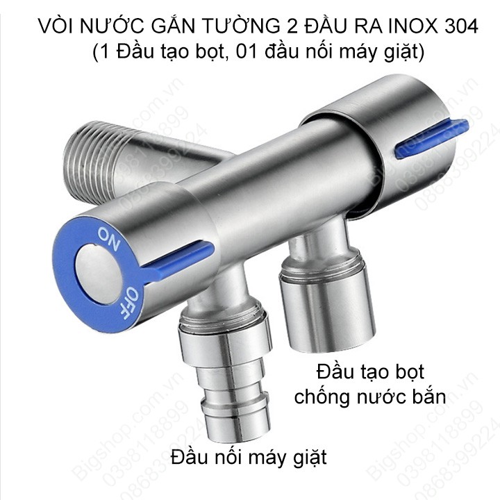 Vòi nước lạnh 2 đầu ra gắn tường bằng, đường kính ren và ra 21mm, đầu ra có 01 đầu tạo bọt 1 đầu gắn máy giặt