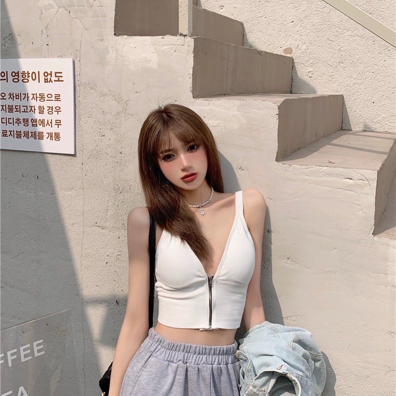 Áo bra 2 dây khoá kéo giữa 3 màu,áo croptop