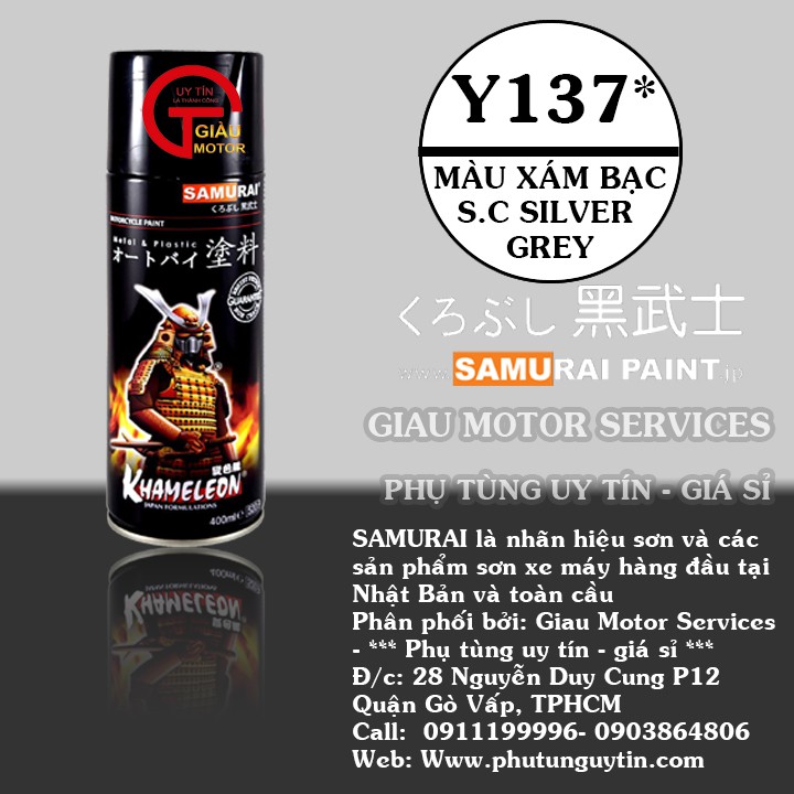 Y137 _ Chai sơn xịt sơn xe máy Samurai Y137 - màu xám bạc lốc máy s.c silver Grey  uy tín, giao h1àng nhanh, giá rẻ