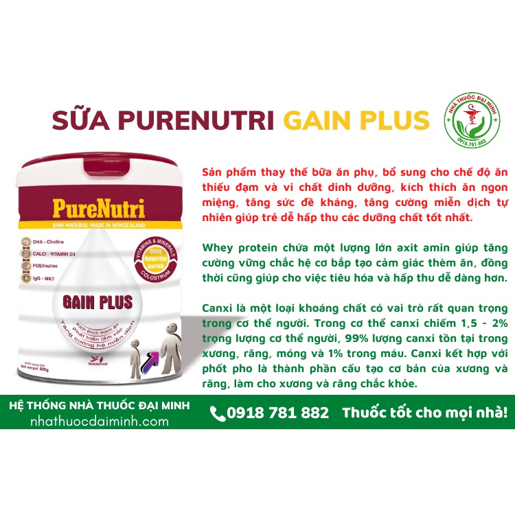 Sữa Bột PureNutri Gain Plus 900g - Kích Thích Thèm Ăn, Phát Triển Tầm Vóc, Tăng Cường Hệ Miễn Dịch