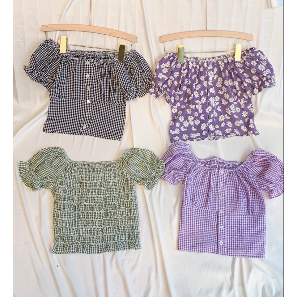 Áo croptop trễ vai bo tay