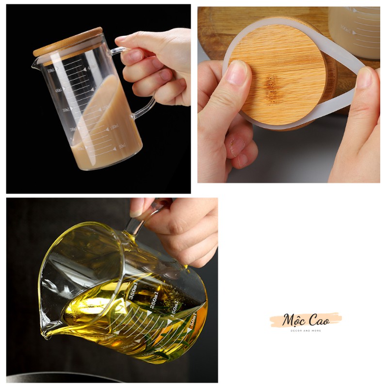Cốc thủy tinh chia vạch, ly thủy tinh chia vạch kèm nắp gỗ chịu sốc nhiệt, tiện dụng trong gia đình | BigBuy360 - bigbuy360.vn