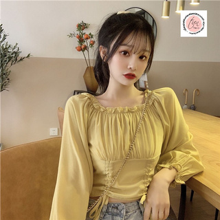 Áo voan nữ croptop bó eo ,dáng cổ trễ tay bồng cực xinh