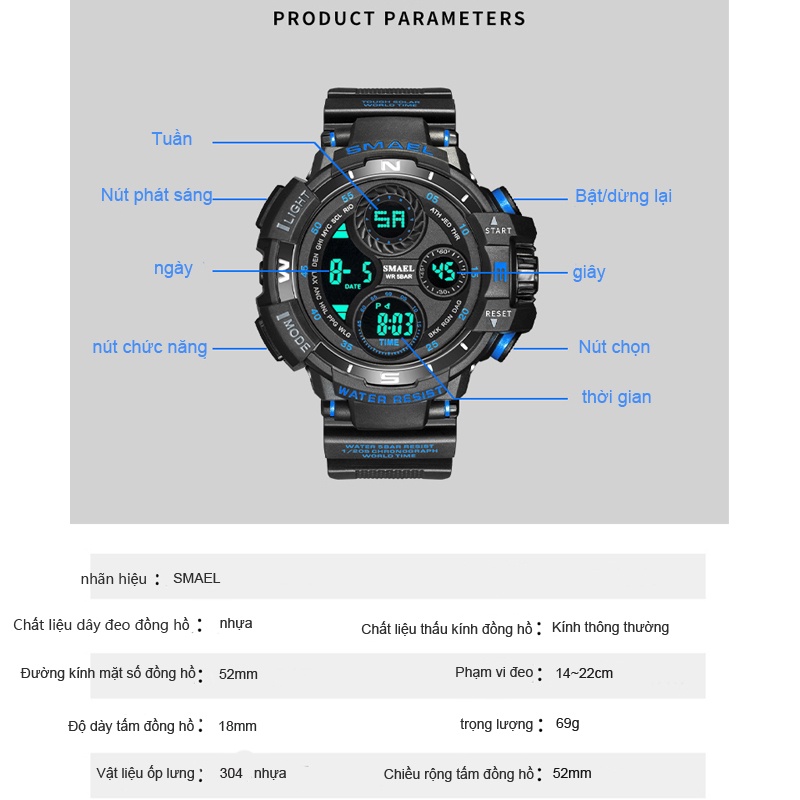 Đồng Hồ Nam SMAEL  Hai Màn Hình Hiển Thị Kỹ Thuật Số Thể Thao Chống Thấm Nước | BigBuy360 - bigbuy360.vn