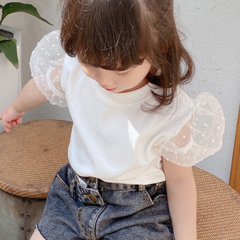 Áo Thun Tay Ngắn Phồng Phối Lưới Họa Tiết Chấm Bi Dễ Thương Thời Trang Mùa Hè Cho Bé Gái