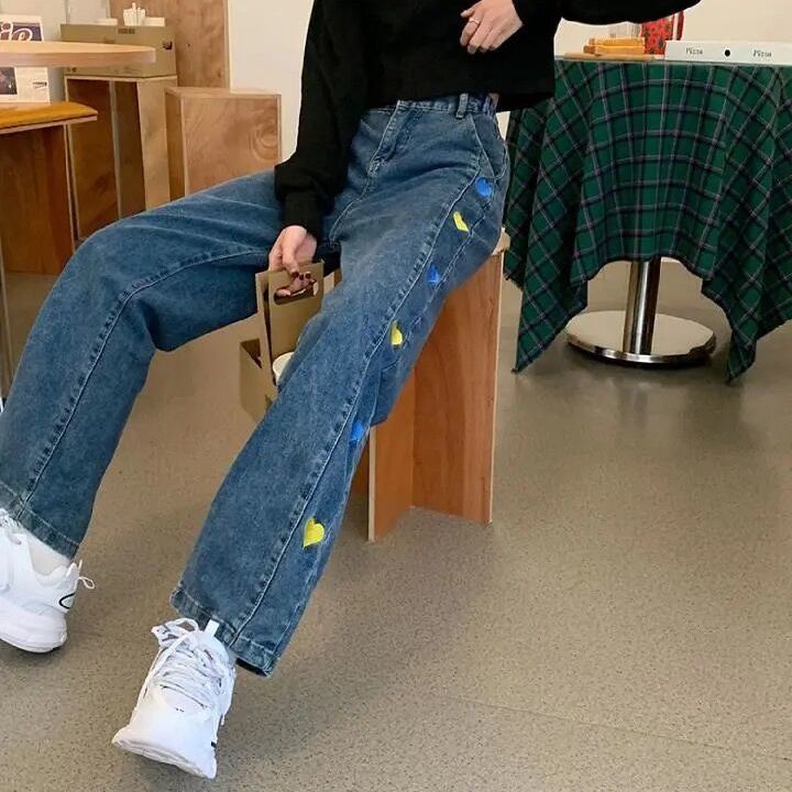 Jiashucheng Quần Jean Nữ Lưng Cao Ống Rộng Thêu Hình Trái Tim Dễ Phối Đồ Thời Trang Xuân Thu