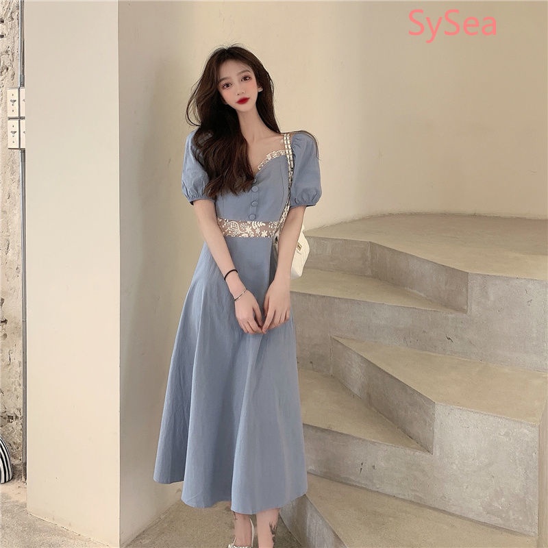 Đầm tay phồng cổ vuông thời trang mùa hè phong cách Pháp cho nữ