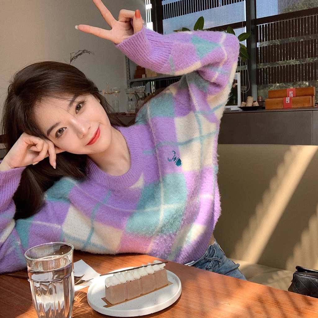 Áo len ngắn dáng rộng tay dài phong cách retro thời trang Hàn Quốc