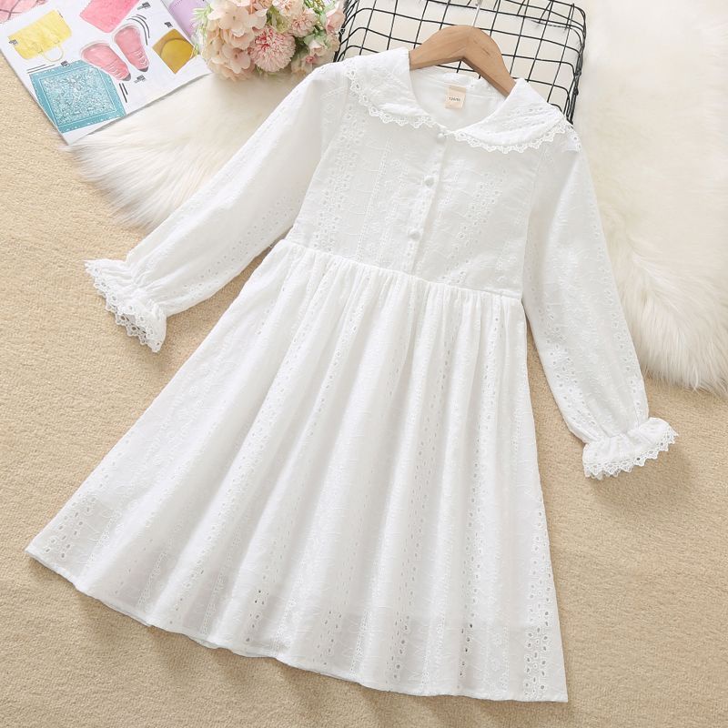 Đầm Công Chúa Tay Dài Cổ Búp Bê Vải Cotton Màu Trắng Phong Cách Phương Tây Thời Trang Mùa Thu Cho Bé Gái 10-14 Tuổi 12 Tuổi