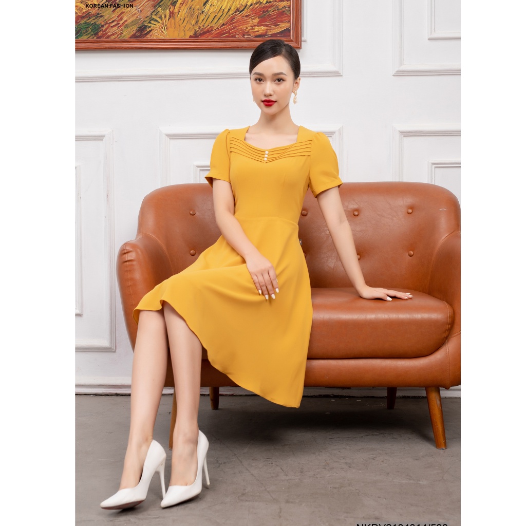Váy Công Sở Dáng Xòe NK Fashion Thiết Kế Cổ Váy Đính Ngọc, Kiểu Dáng Basic Hiện Đại NKDV2104014