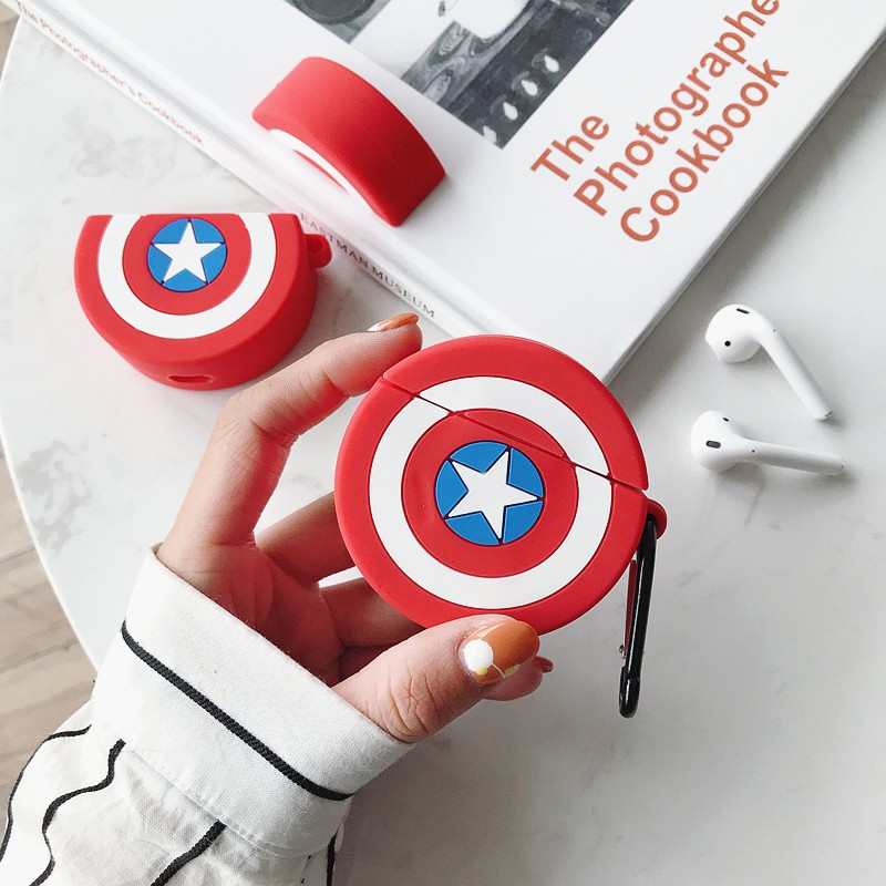 Vỏ bảo vệ hộp đựng tai nghe airpods bằng Silicone hình khiên Captain America