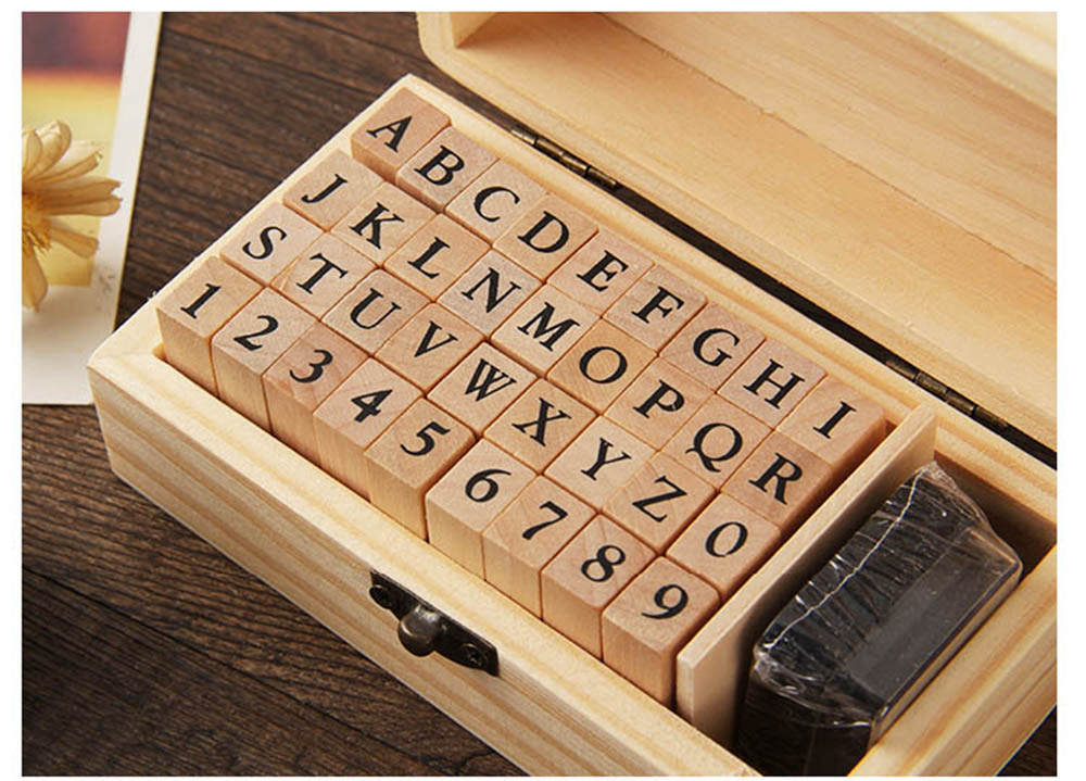 Set 36 con dấu gỗ khắc chữ cái + hộp mực