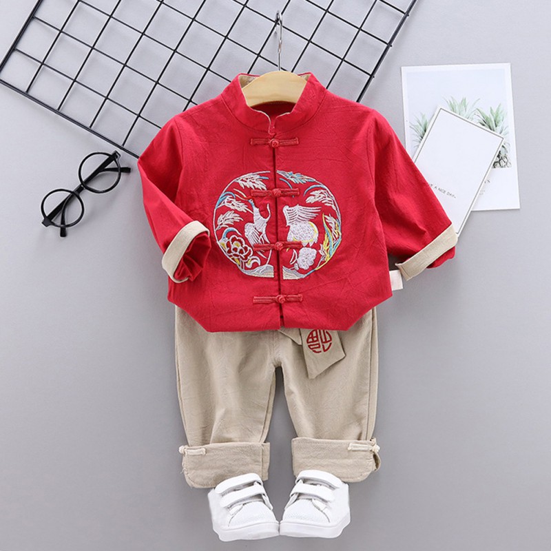 Bộ 2 món gồm áo in họa tiết phong cách Trung Hoa + quần ngắn/dài cho bé trai