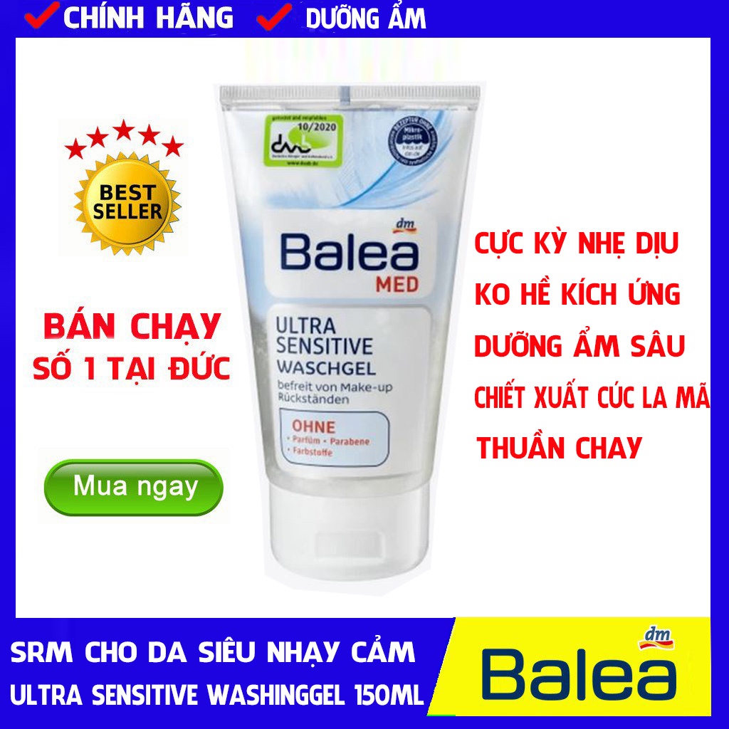 Sữa rửa mặt cho da siêu nhạy cảm, da treatment, peel Balea Ultra Sensitive Waschgel 150ml