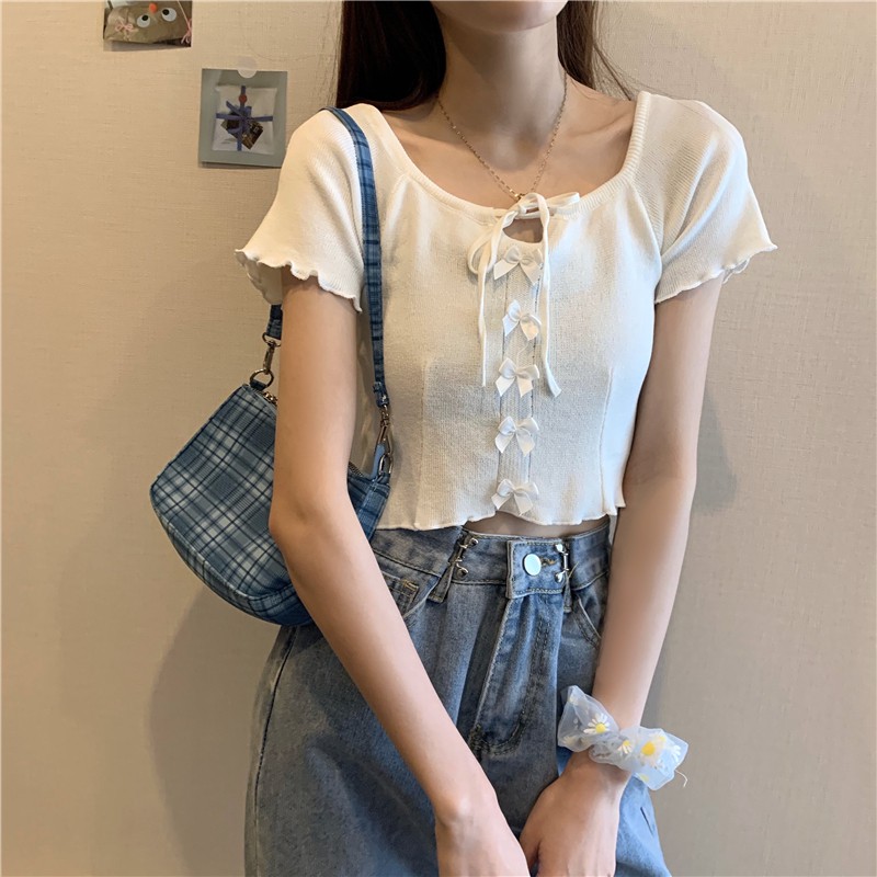 Áo croptop cổ vuông tay ngắn dây buộc điều chỉnh cổ áo chất liệu dệt kim cao cấp -ACN19