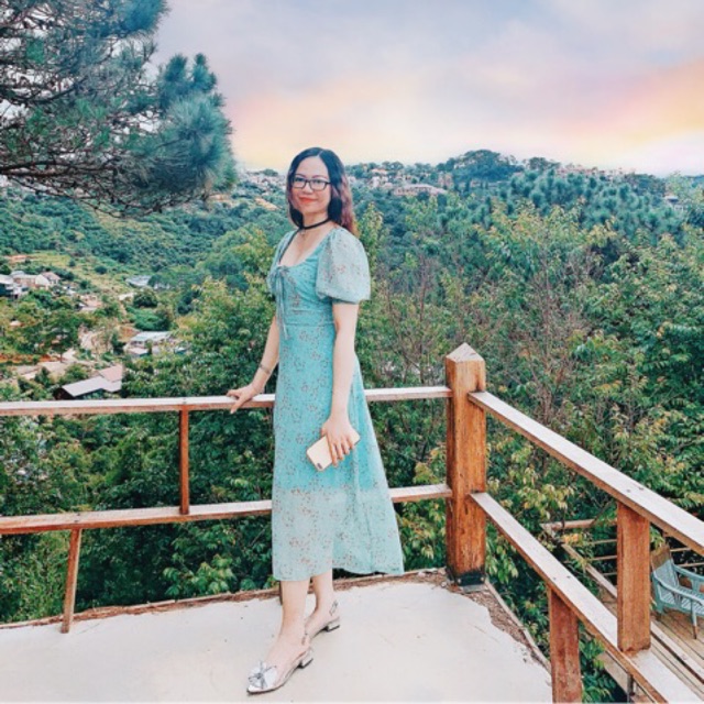 Đầm maxi voan hoa xanh