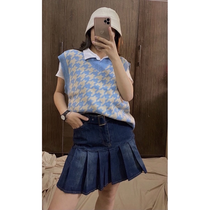 Chân váy jean xếp ly dáng chữ a kèm đai jean thời trang SẴN