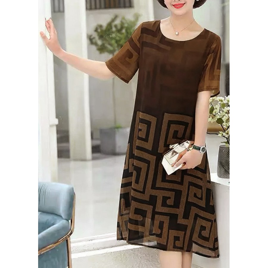 GOTI - Đầm Trung Niên Nữ Cao Cấp Dáng Suông Rộng Chữ A Dài Qua Gối Tay Ngắn Voan 2 Lớp Cho Me U50 U60 GOTI 3280