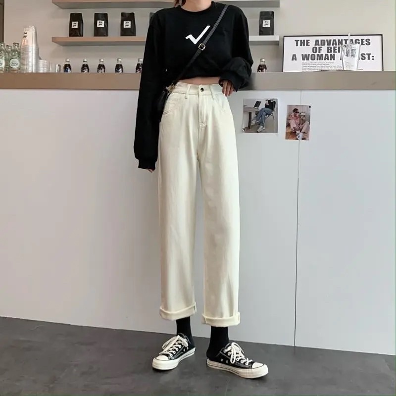 Quần Jeans Nữ Màu Trắng Sữa Dáng Ống Suông Unisex Cạp Cao Phong Cách Ulzzang Hàn Quốc Chất Loại Đẹp