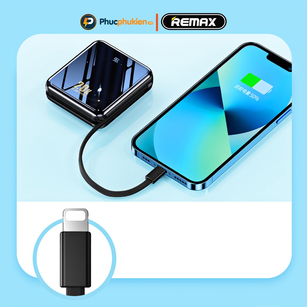 Sạc dự phòng 20000mah chính hãng Remax RPP 51 sạc nhanh 20w và tích hợp dây sạc iP và Type C Phúc Phụ Kiện