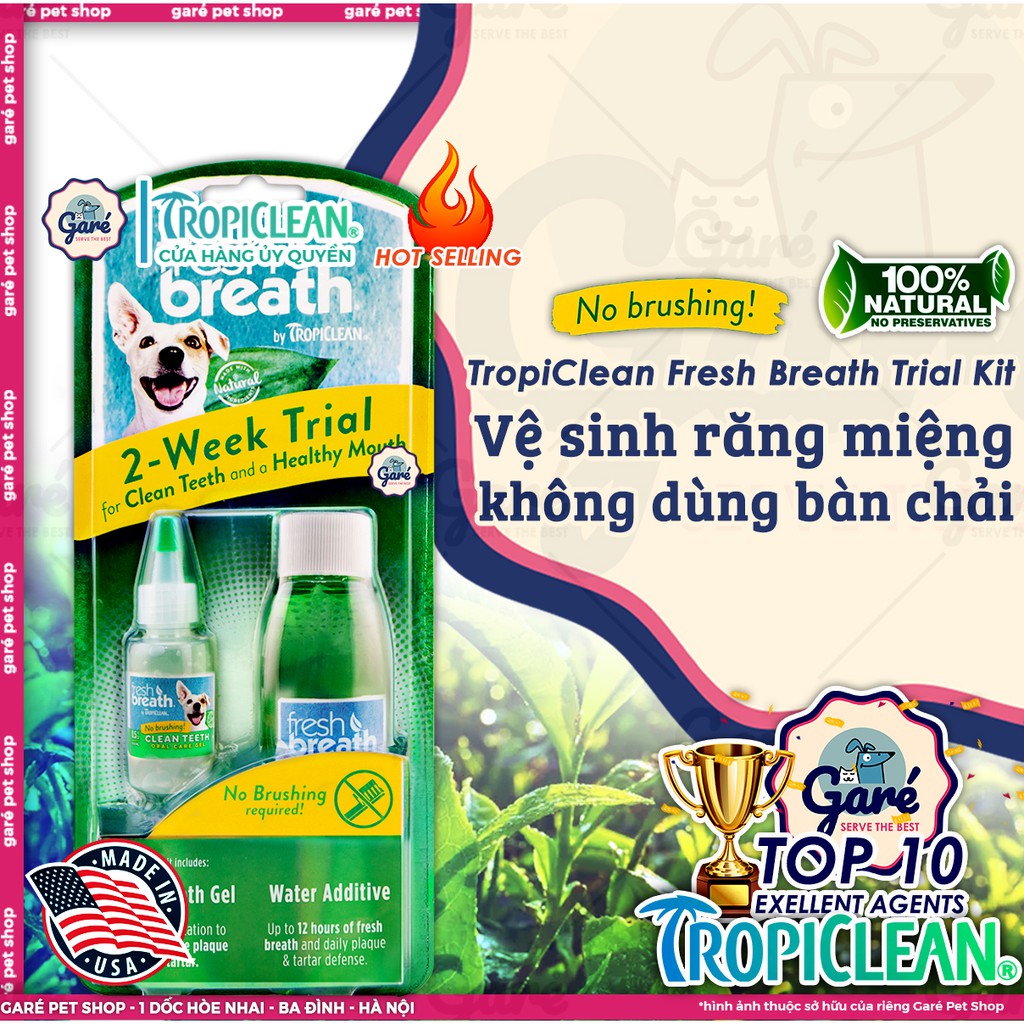 Bộ KIT chăm sóc răng miệng chống cao răng và hôi miệng vượt trội dùng thử Gel và Nước TropiClean 2-Week Trial