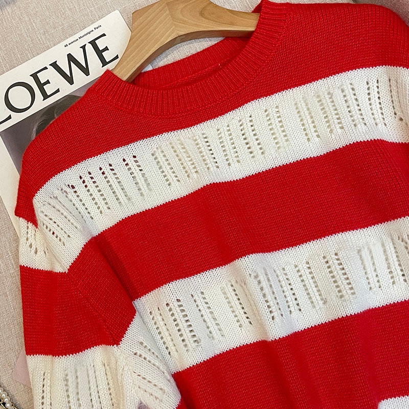 Áo ZHELIHANGFEI vải dệt kim tay dài cổ tròn họa tiết kẻ sọc