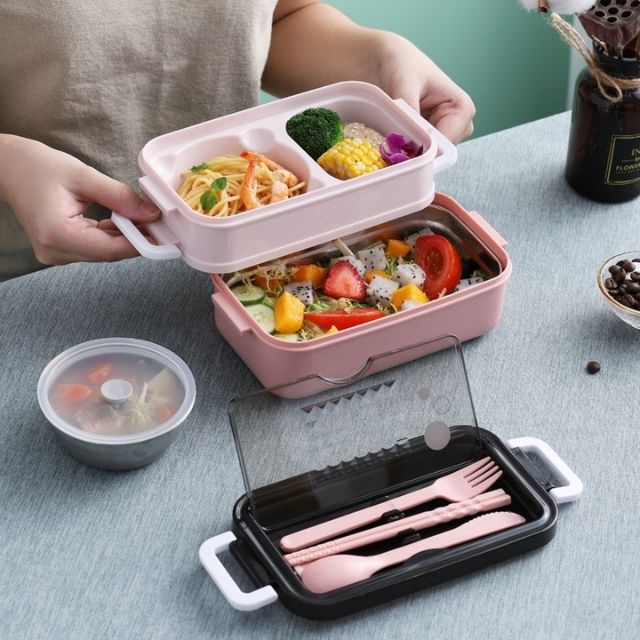 Hộp đựng cơm văn phòng giữ nhiệt 2 tầng lõi inox 304 chống rò rỉ và có kèm bộ thìa đũa