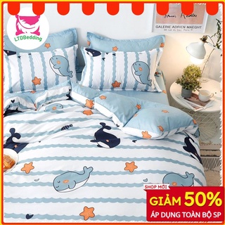 Ga trải giường cotton poly bo chun 🐾 bộ ga gối 3 món 1m2/1m6/1m8/2m2 mẫu cá heo trắng