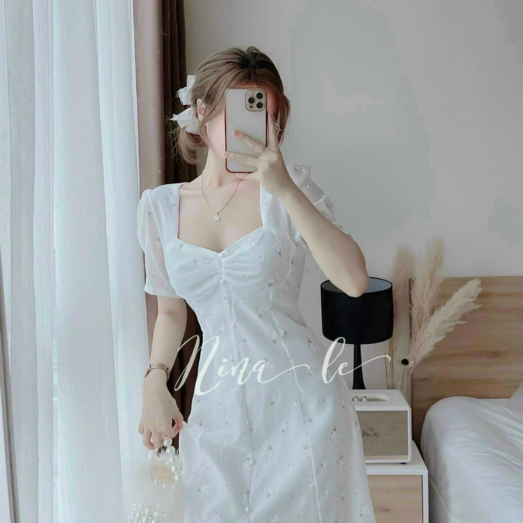 Váy đầm nữ tay phồng cổ vuông nhún ngực  hoạ tiết hoa cúc nhí dễ thương