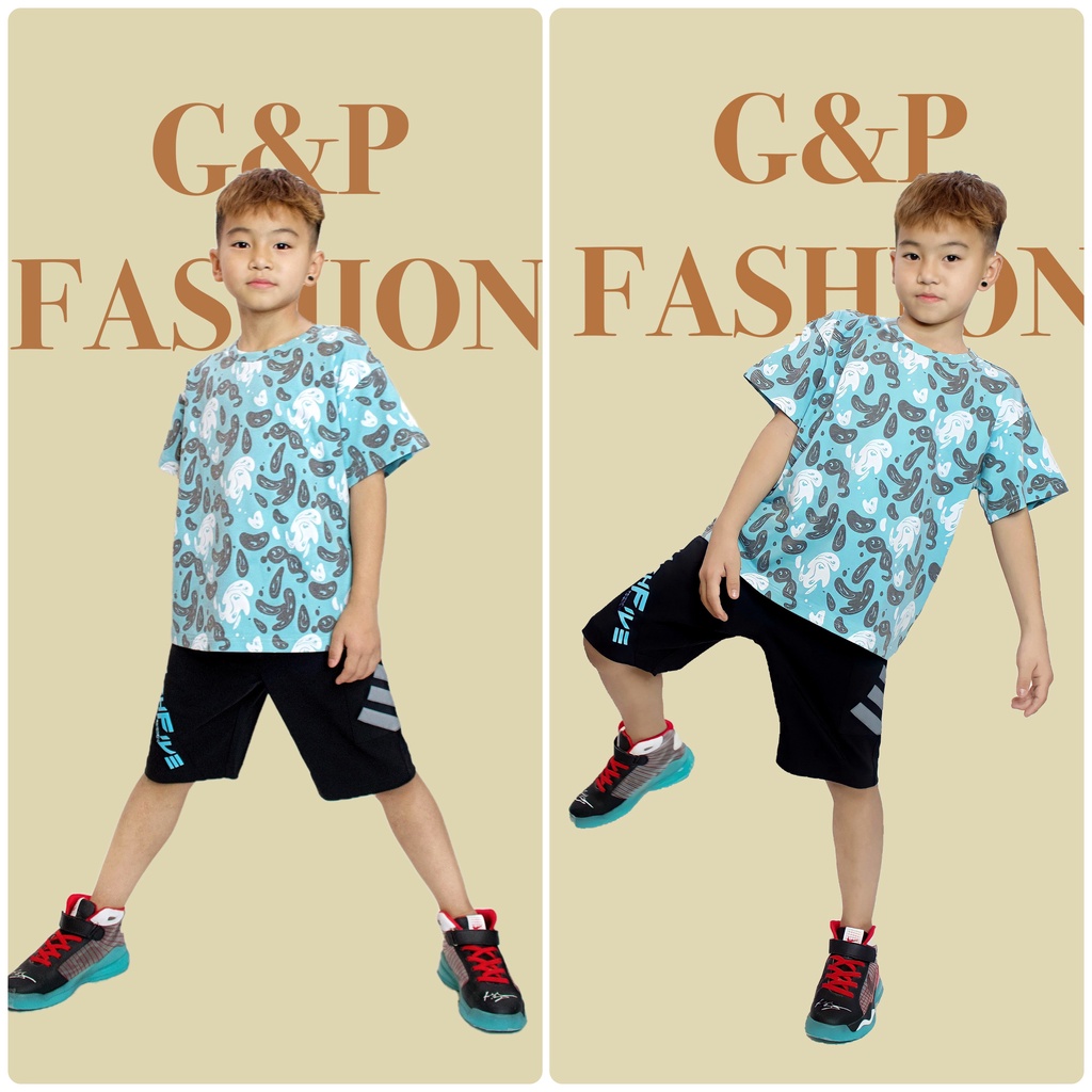Đồ bộ bé trai áo phông in mặt cười highfive vải cotton, quần short kaki 2 da Hàn Quốc mát mềm mại size từ 3-12 tuổi