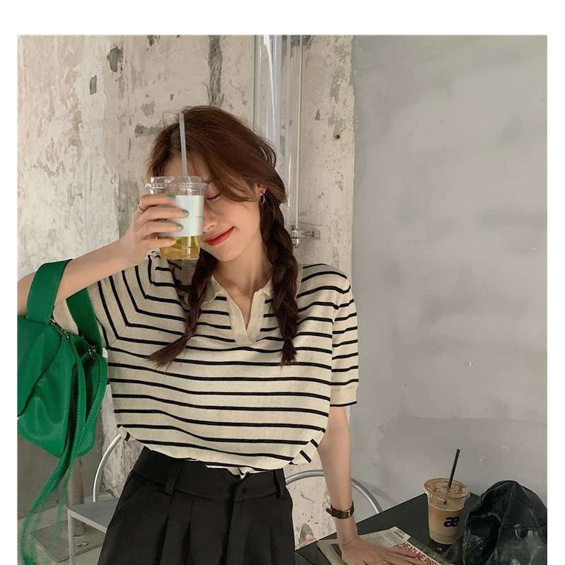 Áo Dệt Kim Tay Ngắn Cổ Chữ V Hoạ Tiết Kẻ Sọc Cho Phái Nữ 38-60kg | BigBuy360 - bigbuy360.vn