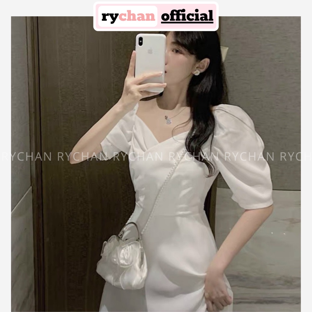 Đầm Xòe Midi Tiểu Thư Trắng  Đắp Chéo Lót Trong Dày Dặn - DX0040