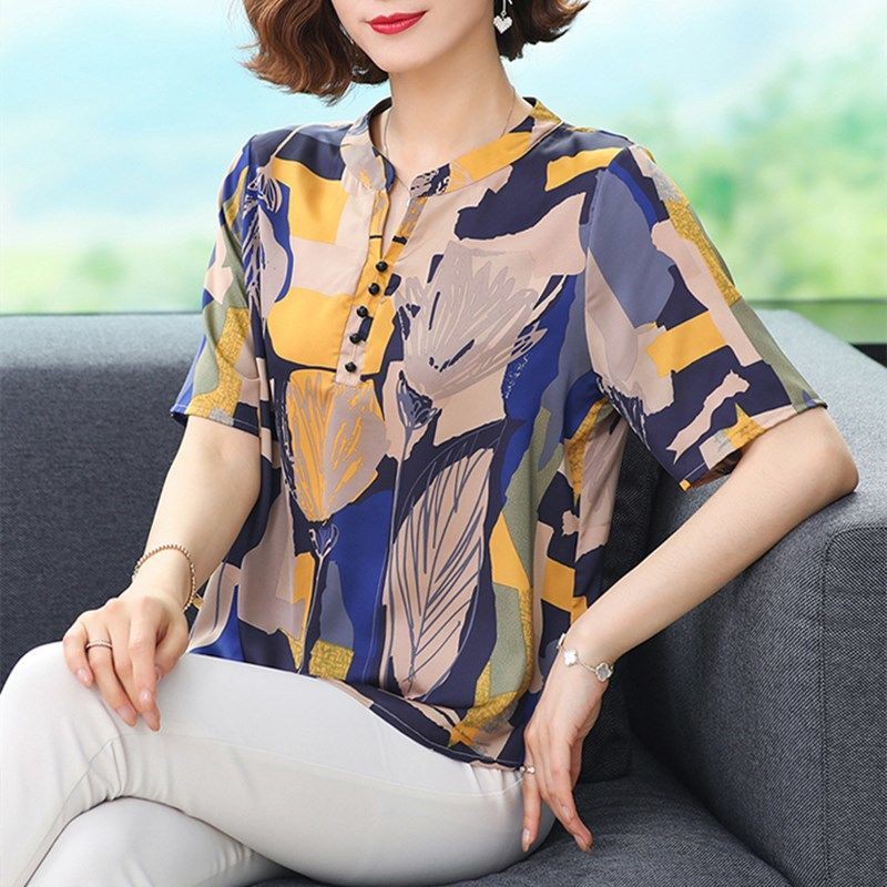 Áo sơ mi voan ngắn tay, mẹ nữ, đầm mùa hè, cổ đứng, in họa tiết kiểu Hồng Kông điển, trung niên, phong cách phương