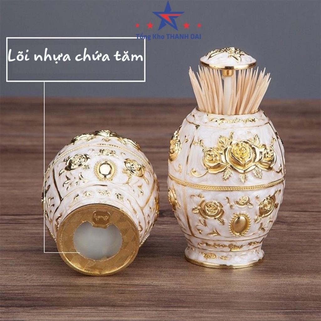 Lọ đựng tăm cao cấp hàng đẹp - Lọ tăm hợp kim hoàng gia mạ vàng hoa văn tân cổ điển