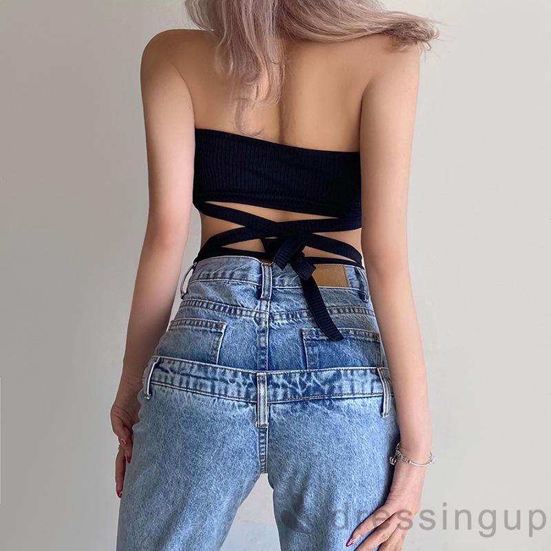 DRE-Women’s Fashion Solid Color Tank Top,Hollow Bandage Exposed Navel Halter Camisole