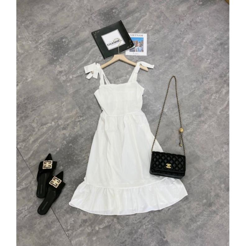 Váy Nữ Eo Chun Dáng Dài, Đầm Trắng Nữ 2 Dây Cột Nơ Đuôi Cá | BigBuy360 - bigbuy360.vn