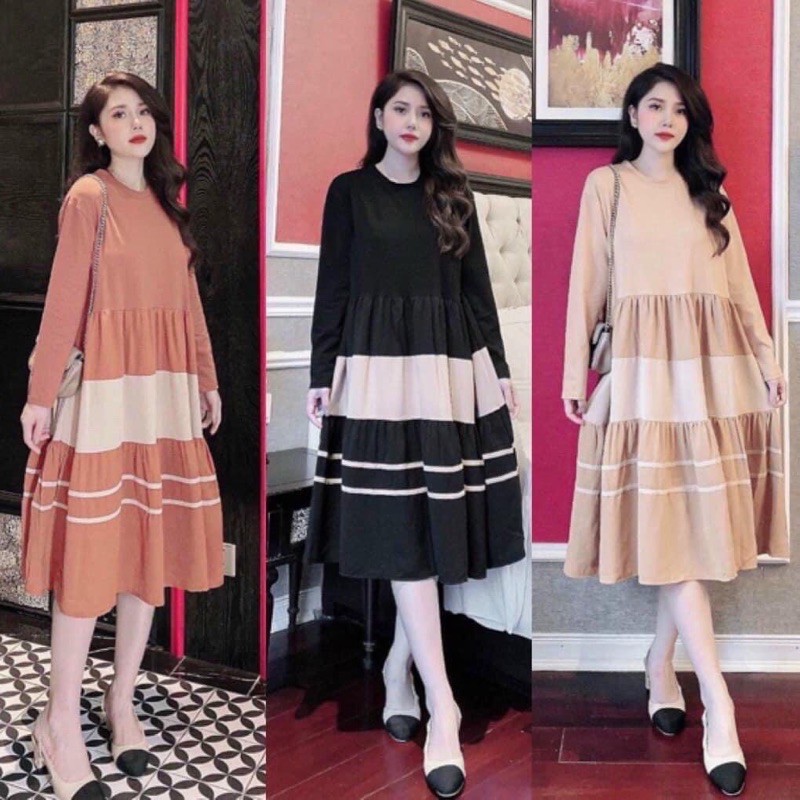 Váy bầu cotton dài tay THU ĐÔNG, xếp tầng v244