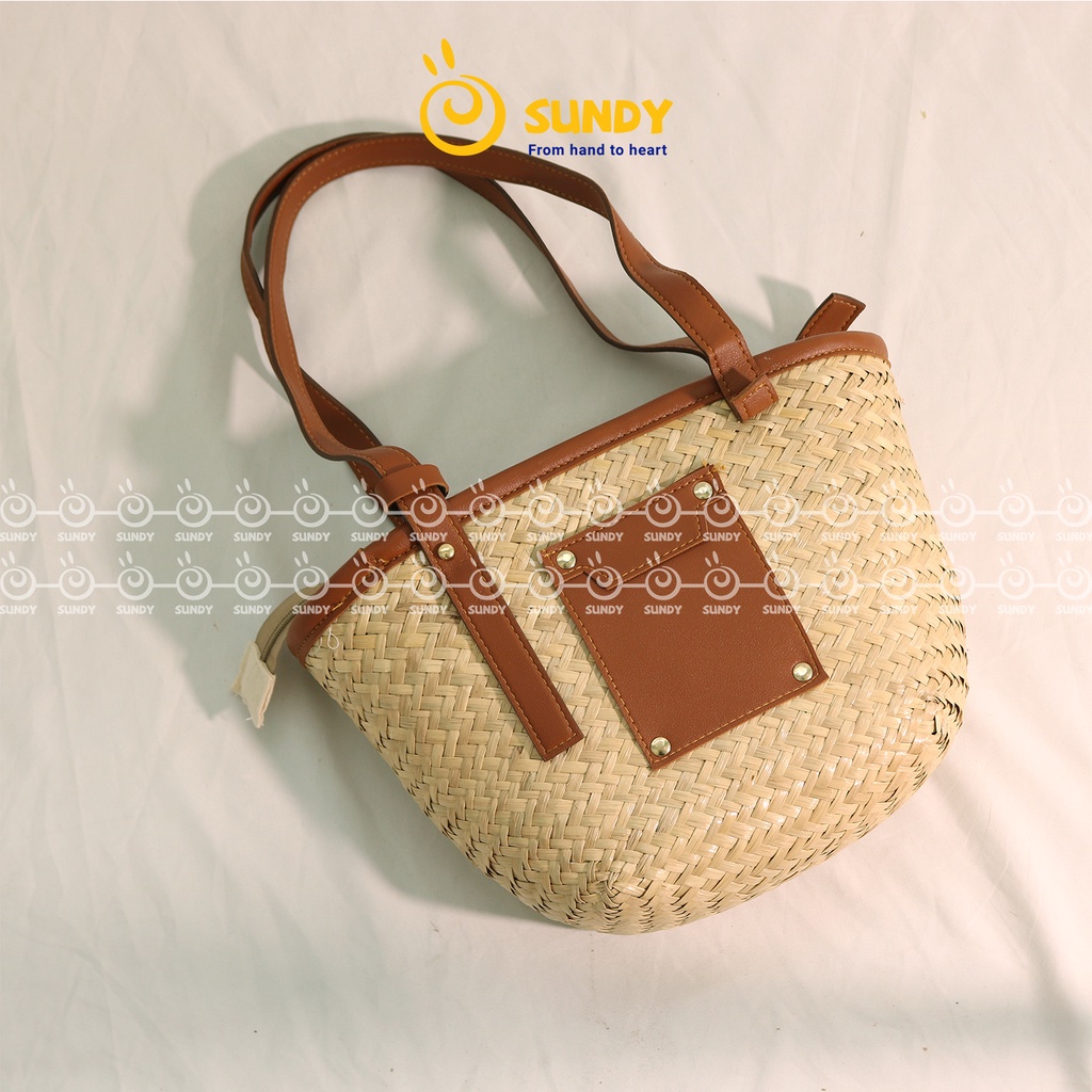Túi Cói Quai Da SUNDY Chất Liệu Tự Nhiên, Thiết Kế Đơn Giản, Vintage Phù Hợp Đi Làm,Dã Ngoại, Chụp Ảnh-TC014N00
