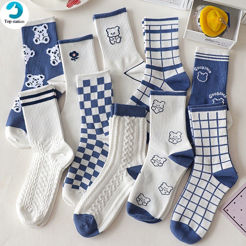 Vớ cotton pha trộn in họa tiết màu trắng và xanh dương nhiều mẫu tùy chọn phong cách Hàn Quốc thời trang