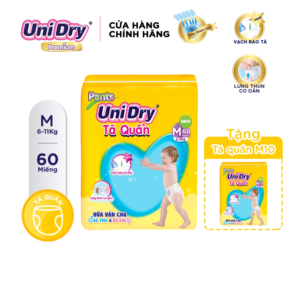 (Tặng 1 gói tã quần size M10) Tã quần UniDry gói Jumbo size M (60 miếng)